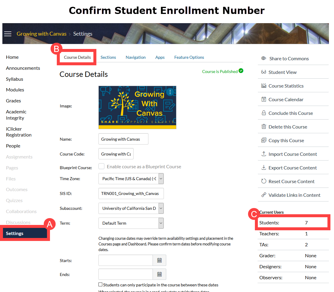 Confirm student enrollment numbers in the Settings page.