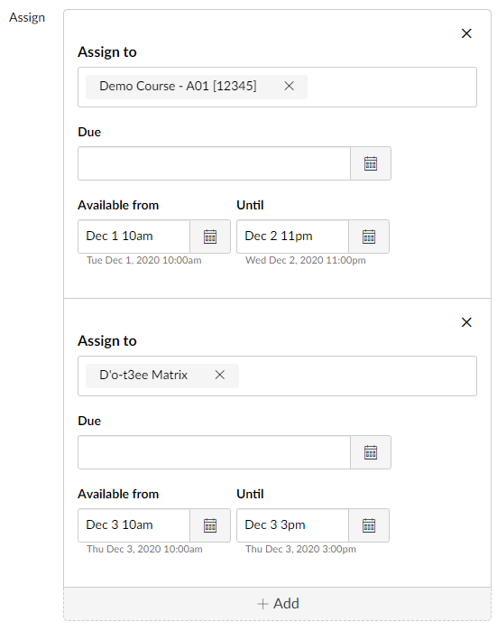 Top half of image shows 1 Canvas Availability Date assigned to course section A01, bottom half shows availability date set assigned to an individual student where the 2 sets of availability dates do not overlap