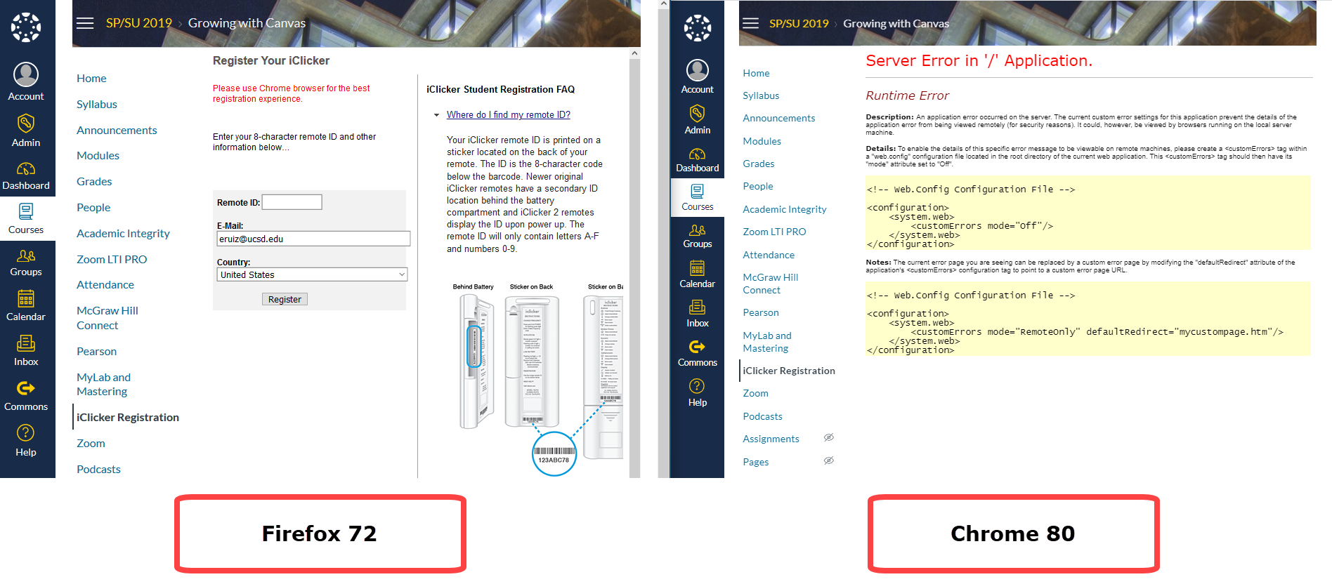 Firefox vs Chrome comparison of iClickers Remote Registration page