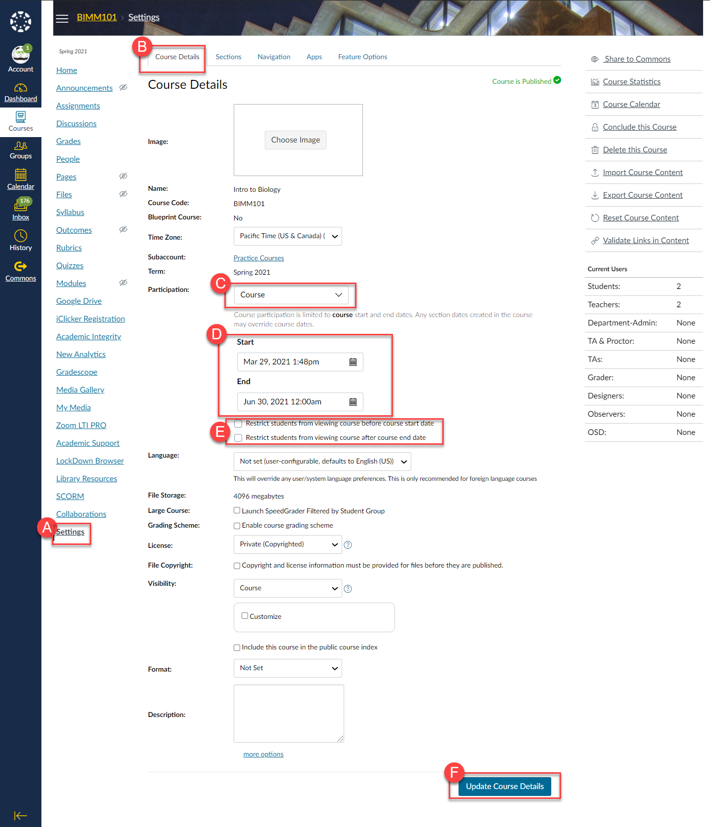 Customize course start and end dates